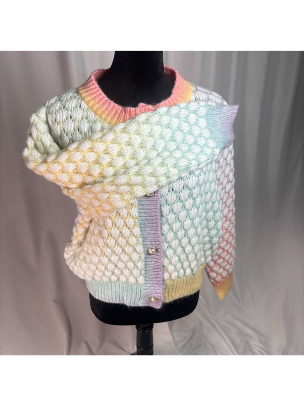 Pastel Rainbow Bubble Knit Cardigan Sweater, Pearl Buttons Colorblock size Large - Picture 7 of 12